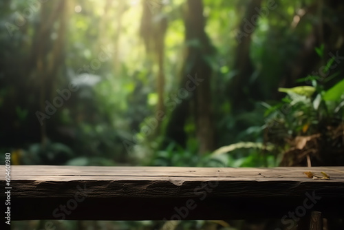Empty wooden table in a lush tropical rainforest. generative AI