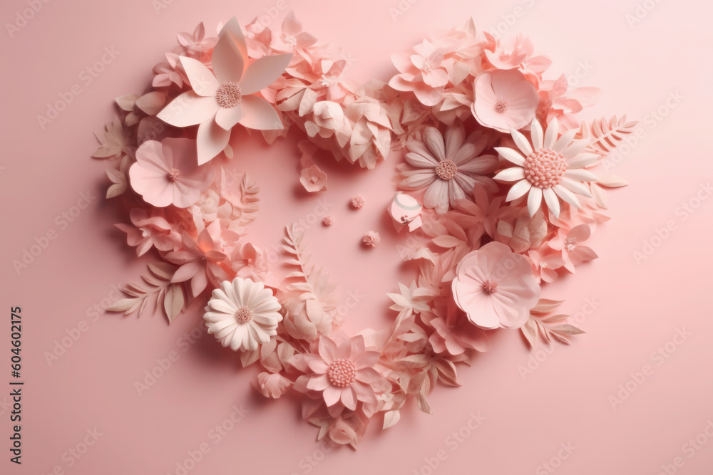 greeting card in the shape of a pink heart. paper flowers for mother's day, March 8, birthday, wedding. AI generative