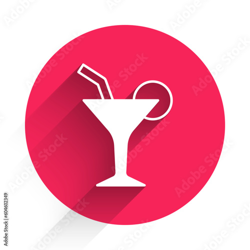 White Cocktail and alcohol drink icon isolated with long shadow background. Red circle button. Vector
