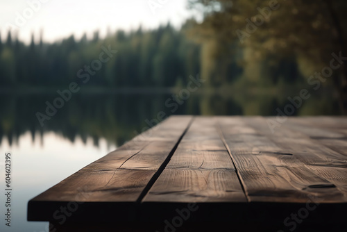 Empty wooden table in a serene lake. generative AI