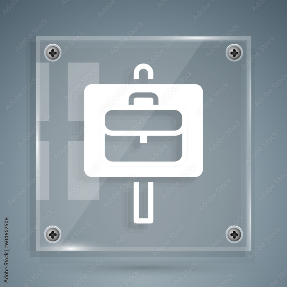 White Magnifying glass with briefcase icon isolated on grey background. Job hunting. Work search concept. Unemployment, head hunting, career. Square glass panels. Vector White Magnifying glass with briefcase icon isolated on grey background. Job hunting. Work search concept. Unemployment, head hunting, career. Square glass panels. Vector