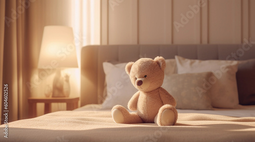 a teddy bear sitting on a children's bed. generative AI
