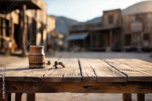 Empty wooden table in a wild west. generative AI