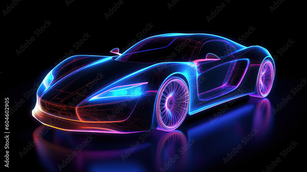 A car in a glowing neon style made of neon lines. AI generation A car in a glowing neon style made of neon lines. AI generation