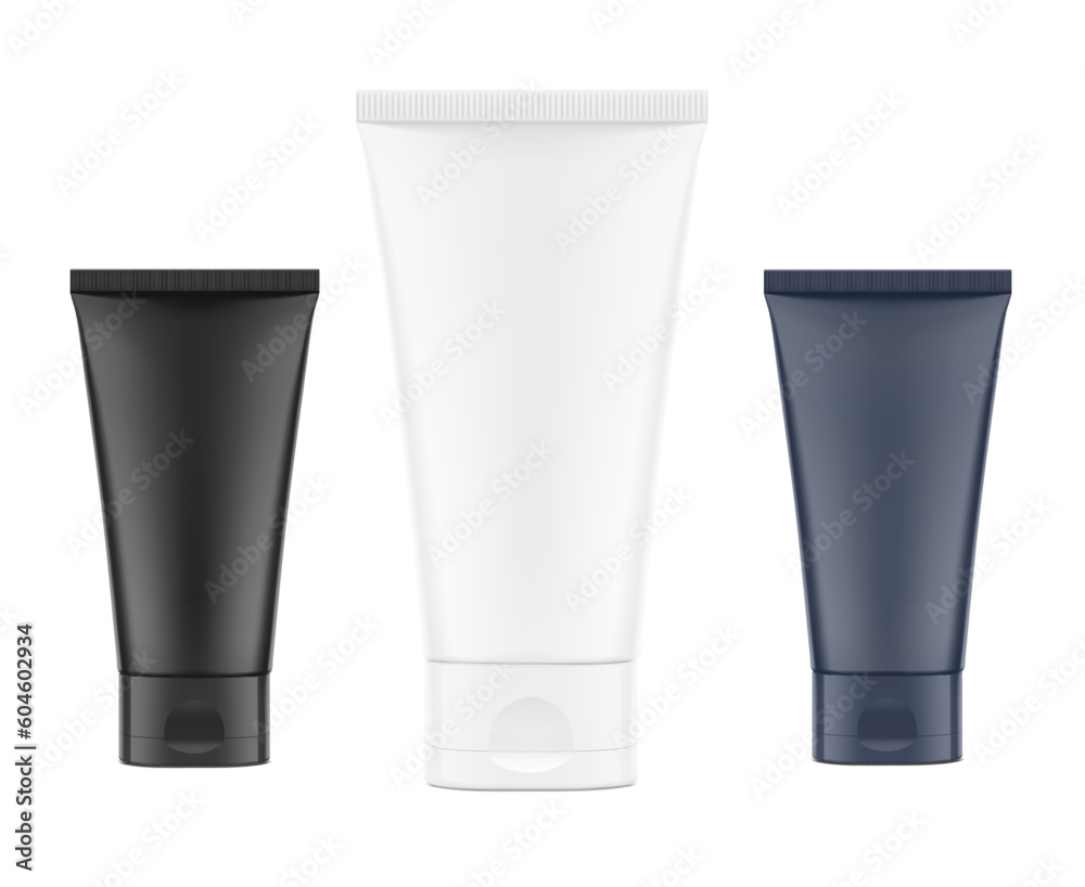 White and black plastic tube mockup with flip top cap. Vector illustration isolated on white background. Can be use for your design, advertising, promo and etc. EPS10. White and black plastic tube mockup with flip top cap. Vector illustration isolated on white background. Can be use for your design, advertising, promo and etc. EPS10.