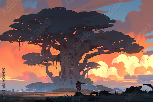Fototapete man perched on a baobab tree in africa. generative AI
