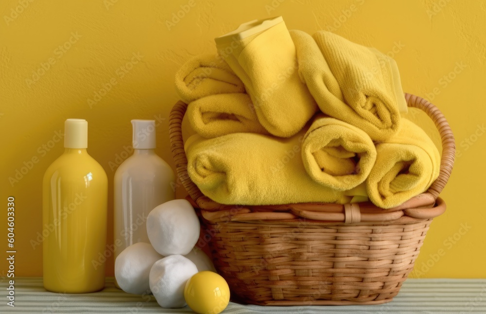 Towels, shampoo and soap in a basket against yellow wall. Generative AI