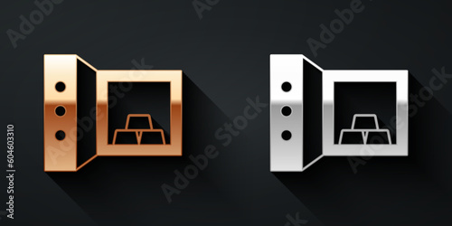 Gold and silver Safe with gold bars icon isolated on black background. Precious metals on deposit in bank. Metallic treasury. Reliable data protection. Long shadow style. Vector