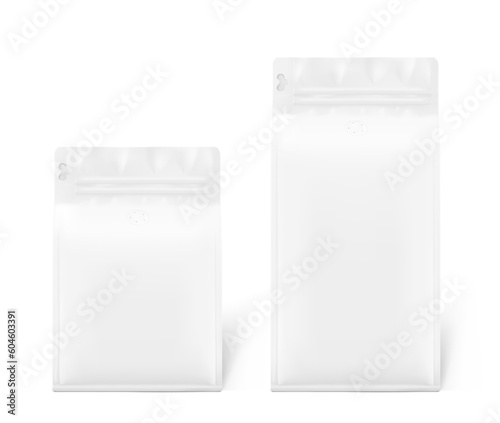 Realistic coffee bag with de-gassing valve mockup set. Vector illustration isolated on white background. Set of two sizes. Ideal for the presentation your coffee product. EPS10.