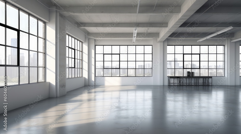 Empty office space with sweeping city views, a blank canvas ready for customization. Created by AI
