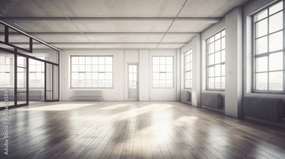 Empty office space with sweeping city views, a blank canvas ready for customization. Created by AI Empty office space with sweeping city views, a blank canvas ready for customization. Created by AI