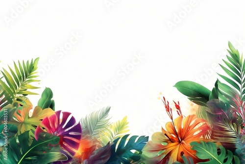 Colorful tropical palm leaves and flowers as a border on a white background graphic resource, empty space for text or copy