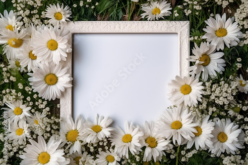 Rectangular white wooden picture frame with empty space for text and framed with daisies, generative AI. © Irina