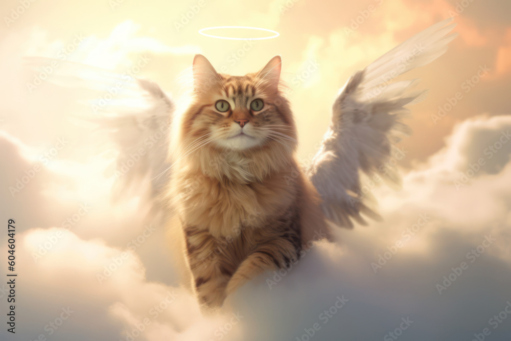 Obraz premium a cute brown cat in heaven. kitten with wings and halo. pet angel. cat in animal heaven.