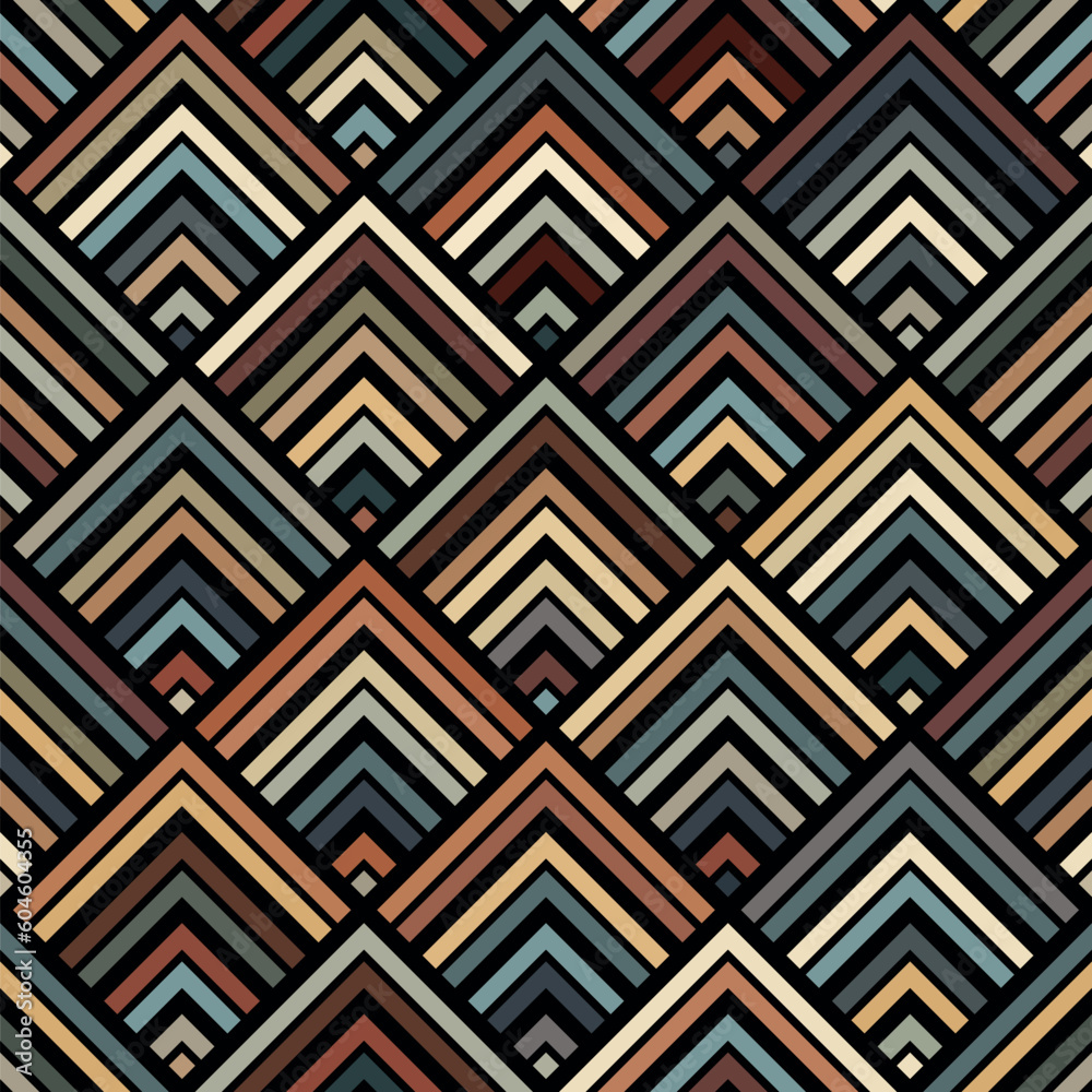 Seamless geometric pattern with striped multicolored squares on a black background. Ethnic style colorful zigzag lines. Decorative vector image for textile, wrapping, and print.