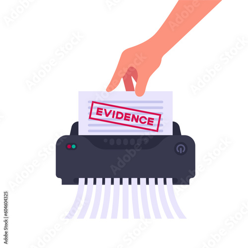 Hand hold paper sheet with evidence in shredder office device for destruction of documents flat style vector illustration