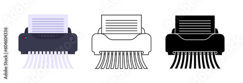 Set Paper shredder office device with a sheet of paper icon in different styles flat, line and silhouette vector illustration