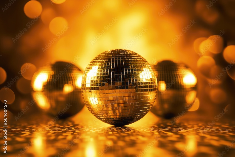 Obraz premium Disco balls image in gold on golden background. Generative AI