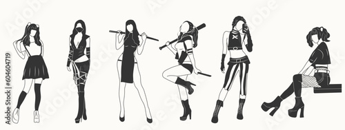 Set of Cosplay beautiful women with suit . Vector illustration isolated