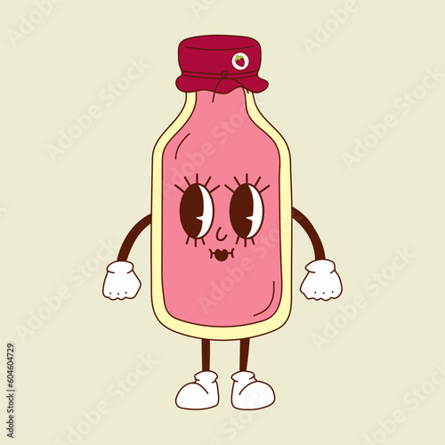 Cute happy funny milkshake,  bottle of strawberry milk   30s cartoon mascot character 40s, 50s, 60s old animation style. 