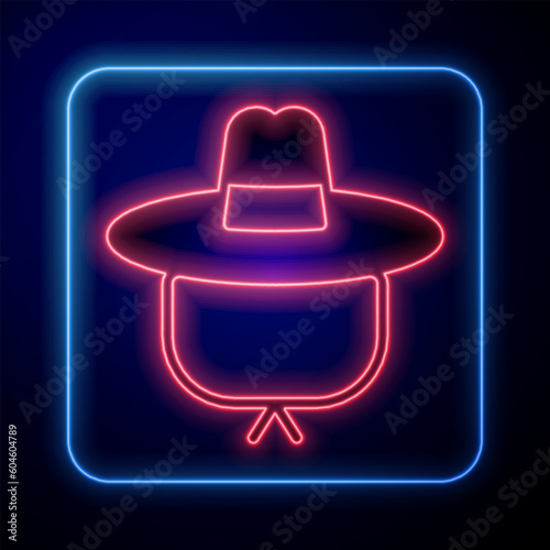 Glowing neon Camping hat icon isolated on black background. Beach hat panama. Explorer travelers hat for hunting, hiking, tourism. Vector
