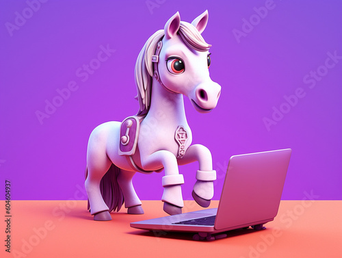 A Cute 3D Horse Using a Laptop on a Solid-Color Background | Generative AI