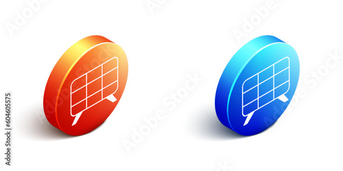 Isometric Solar energy panel icon isolated on white background. Orange and blue circle button. Vector