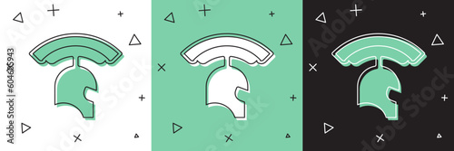 Set Roman army helmet icon isolated on white and green, black background. Vector