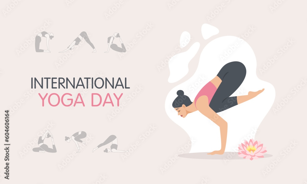 International day of yoga. 21st of June. Woman in lotus position with lotus flower. Different yoga poses. Vector banner International day of yoga. 21st of June. Woman in lotus position with lotus flower. Different yoga poses. Vector banner