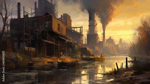 An industrial site at sunset with water and smoke. Photo that draws attention to air pollution. Generative AI