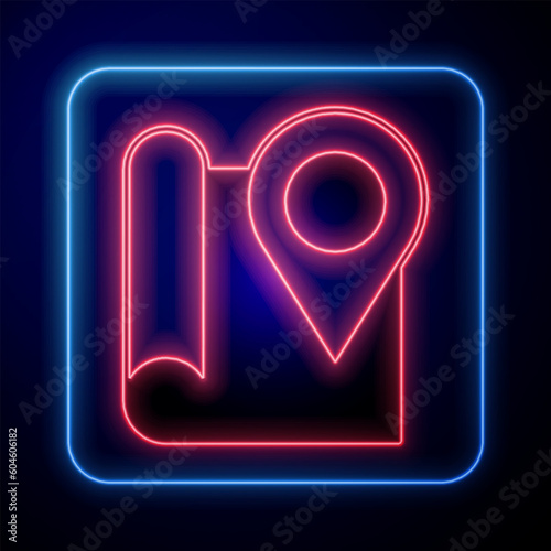 Glowing neon Folded map with location marker icon isolated on black background. Vector