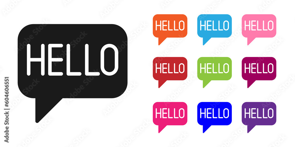 Black Hello in different languages icon isolated on white background. Speech bubbles. Set icons colorful. Vector Black Hello in different languages icon isolated on white background. Speech bubbles. Set icons colorful. Vector