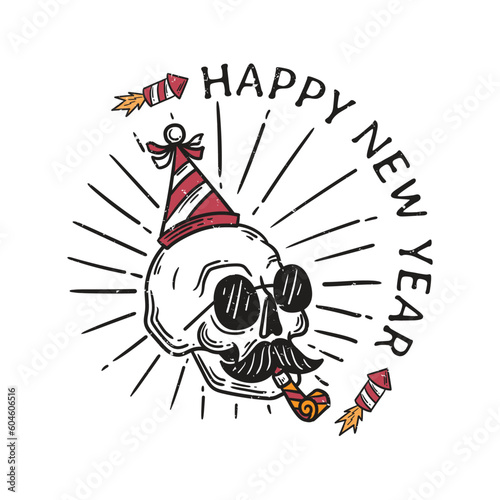 vintage illustration skull with attribute happy new yea