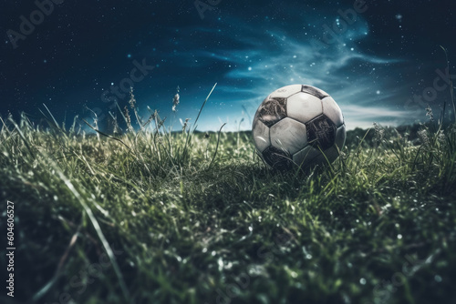  Soccer ball in front of the stadium. Generative AI