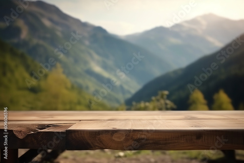 wooden table in a tranquil mountain valley. generative AI