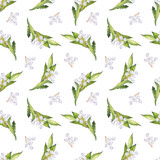 White berries and leaves. Delicate watercolor hand drawn seamless pattern on white background. Texture for wrapping paper, fabrics, decor, textile. Also suitable for wedding decoration.
