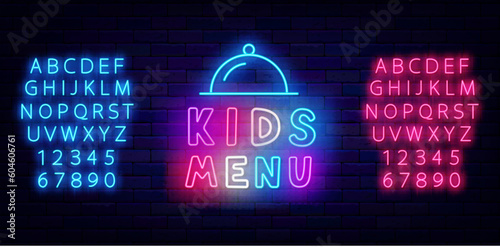 Kids menu neon label. Cafe and restaurant sign for children. Colorful food banner. Vector stock illustration