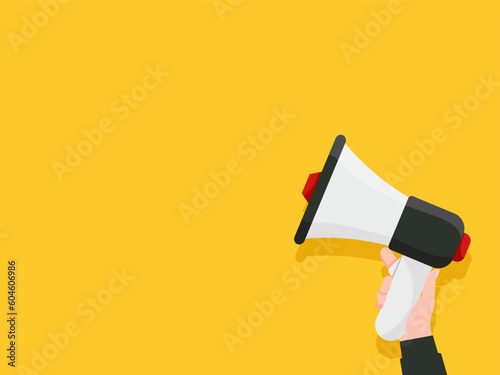 Hand hold Megaphone speaker for announce, advertising, promotion, and Grand sale on yellow background. Vector illustration for retail shopping online marketing template, banner, and poster.