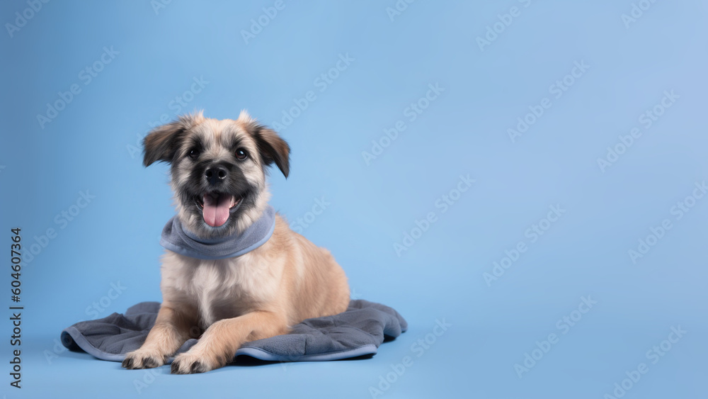 Australian terrier dog on blue background with copy space (Generative AI)