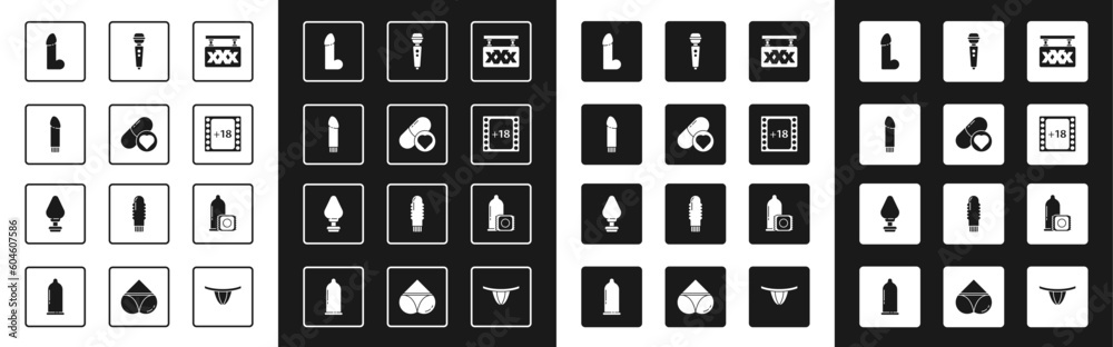 Set Sex shop, Pills for potency, aphrodisiac, Dildo vibrator, Play Video with 18 plus content, Condom and Anal plug icon. Vector