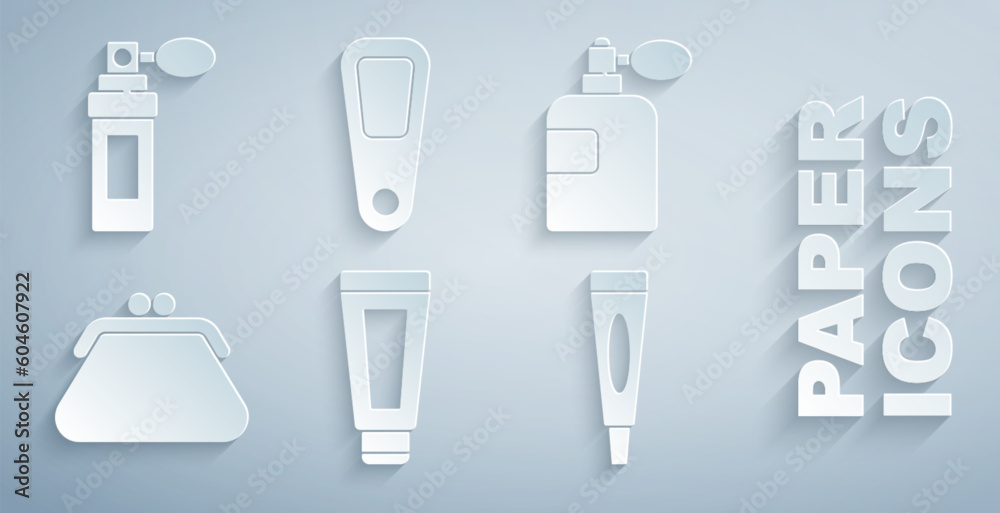 Set Cream or lotion cosmetic tube, Perfume, Clutch bag, Hand mirror and icon. Vector Set Cream or lotion cosmetic tube, Perfume, Clutch bag, Hand mirror and icon. Vector