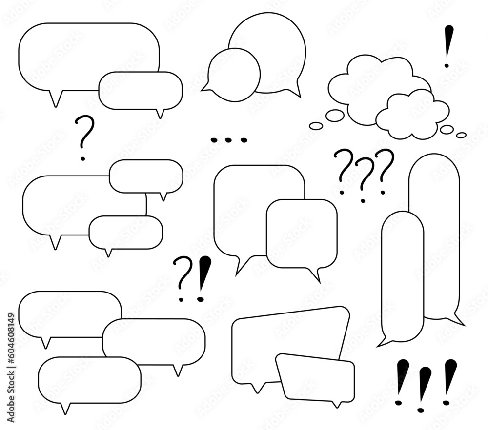 Obraz premium Set of double speech bubble, question and exclamation marks on the transparent background. Talk bubble box. Speak balloon. Communication, dialog, feedback vector symbols. Vector illustration. 