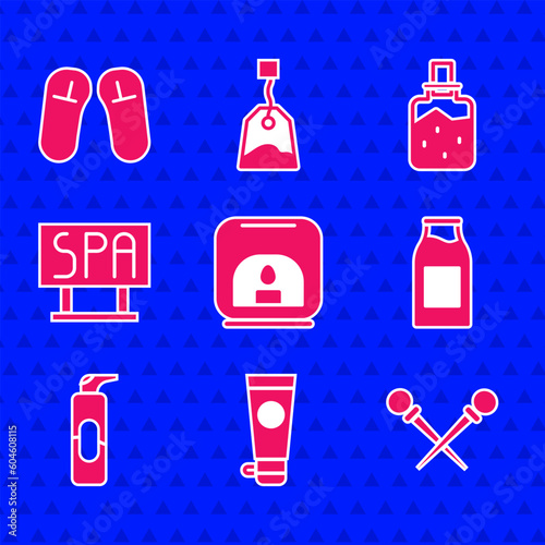 Set Aroma lamp, Cream or lotion cosmetic tube, Knitting needles, Bottle with milk, Spray can for hairspray, Spa salon signboard, salt and Slipper icon. Vector