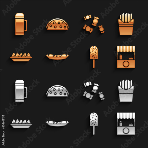 Set Hotdog sandwich, Potatoes french fries in box, Street stall with awning, Ice cream, Nachos plate, Candy, Thermos container and Taco tortilla icon. Vector