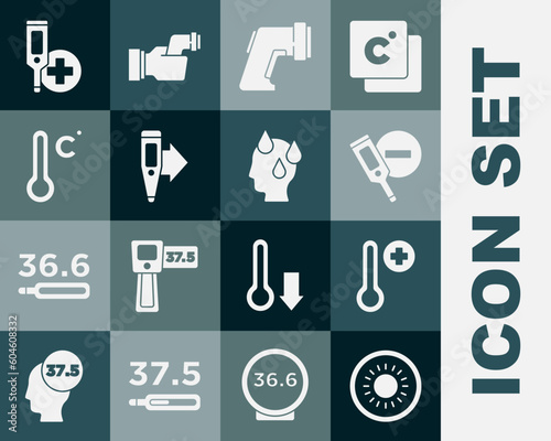 Set Sun, Meteorology thermometer, Digital, and High human body temperature icon. Vector