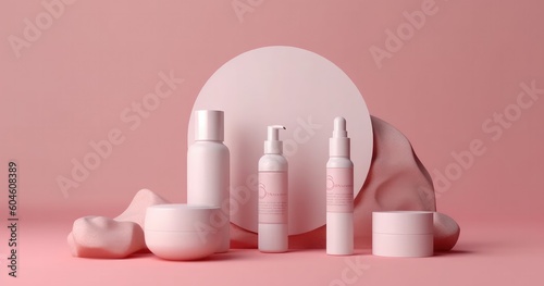 Makeup cosmetics and products mockup, pink background. Generative AI
