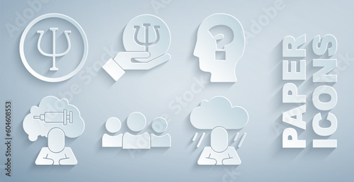 Set Users group, Head with question mark, Addiction to the drug, Depression, Psychology, Psi and icon. Vector