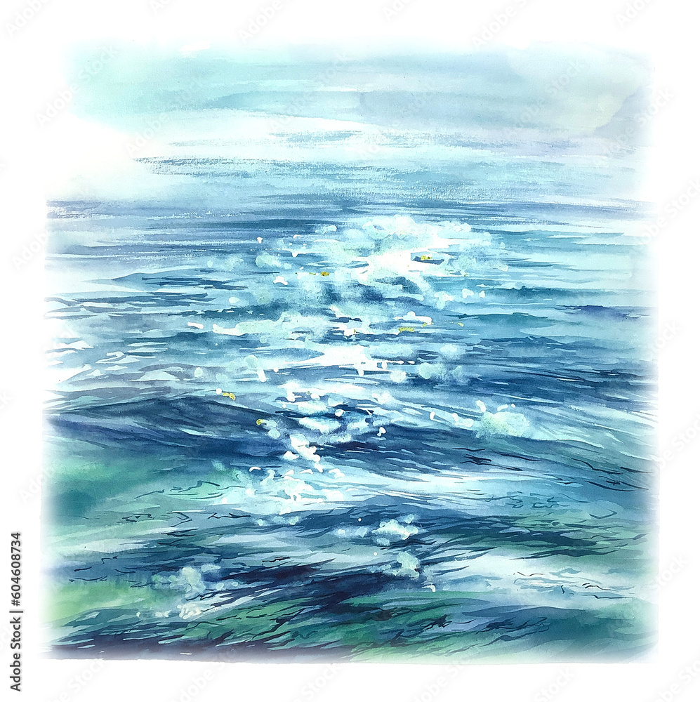 Sea ocean wave warescolor illustration background wave splashes shining water 