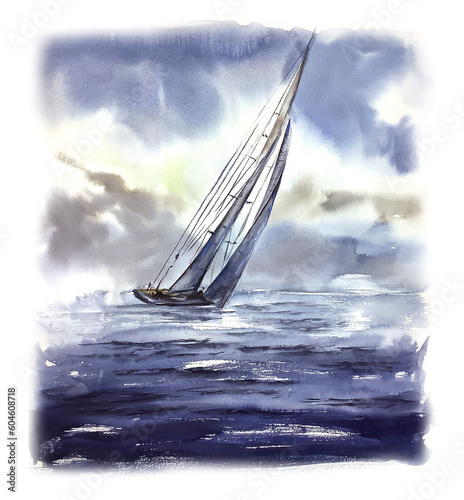 Watercolor seascape yachting illustration regata nautical scene sailing boat