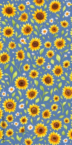 Seamless Flower pattern with blue background and yellow vintage Flowers 6000x12000 px